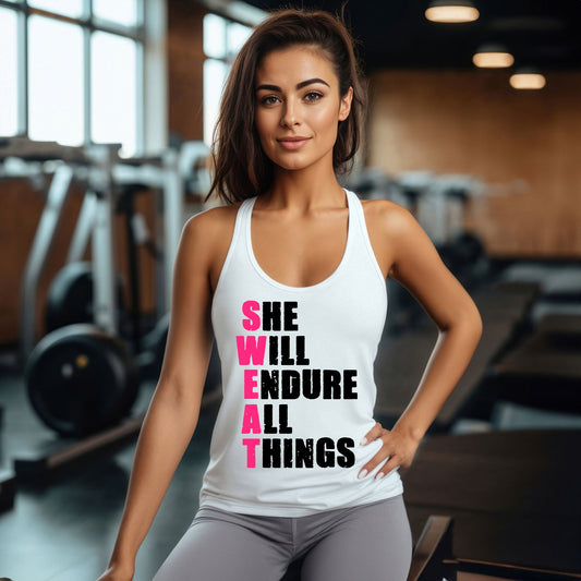 She Will Endure All Things Racerback Tank
