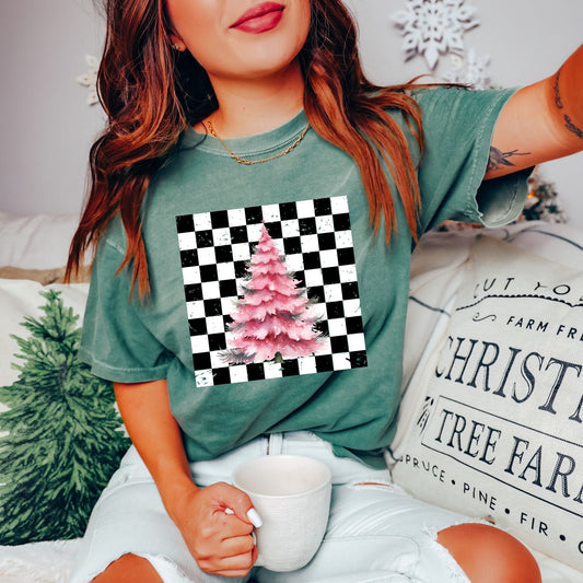 Retro Checkerboard Pink Christmas Tree T-Shirt